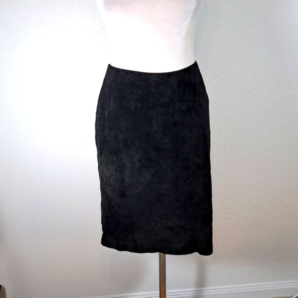 Lord & Taylor Vintage Black Suede Leather Skirt 16 Pencil Fully Lined Back Zip